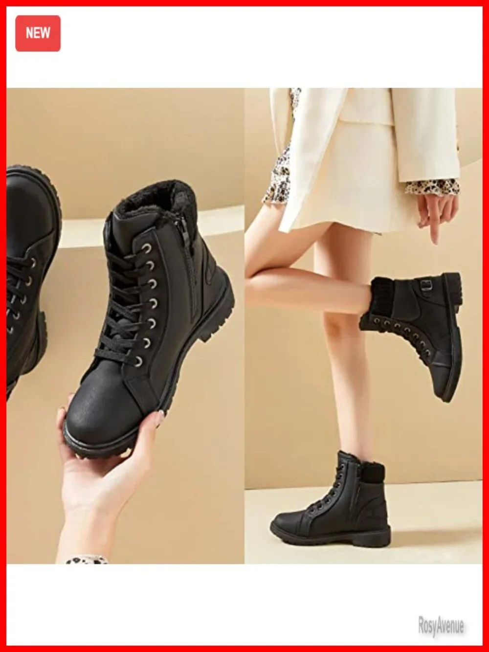 Faux Leather Fur Lined Lace Up Combat Boots Waterproof Hiking Ankle Booties